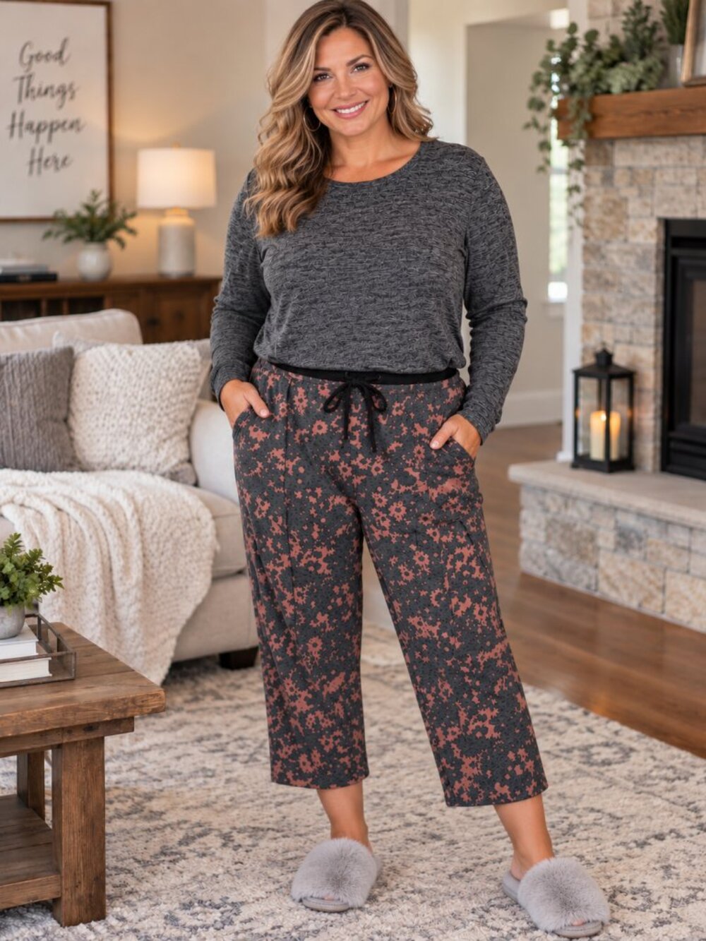 CUDDL DUDS (2) Piece Lounge Wear Top & Pants w/Pockets Gray/Pink 2X/1X
